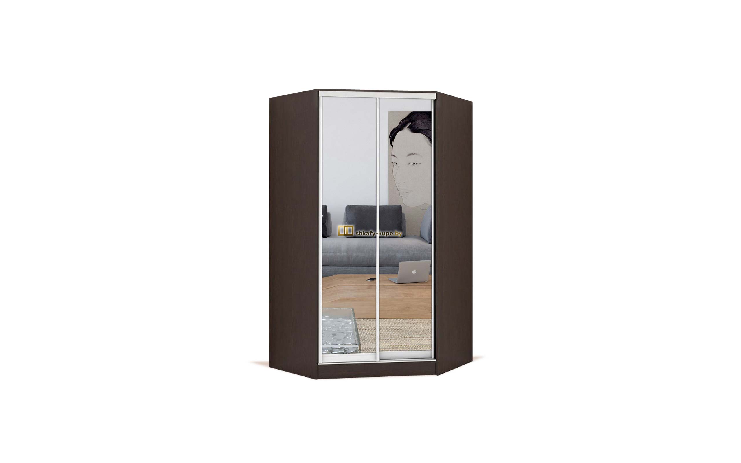 Радиусный угловой шкаф-купе Риф цвета венге на две двери с зеркалом